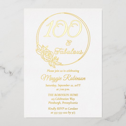 100 en Fabulous 100ste verjaardagsfeest gestempeld Folie Uitnodiging (Voorkant)