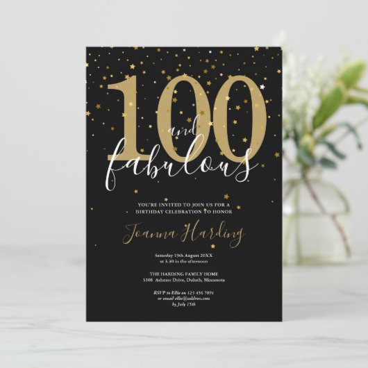 100 en Fabulous Elegant Gouden en Zwarte Verjaarda Kaart (Staand voorkant)