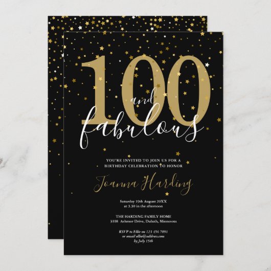 100 en Fabulous Elegant Gouden en Zwarte Verjaarda Kaart (Voorkant / Achterkant)