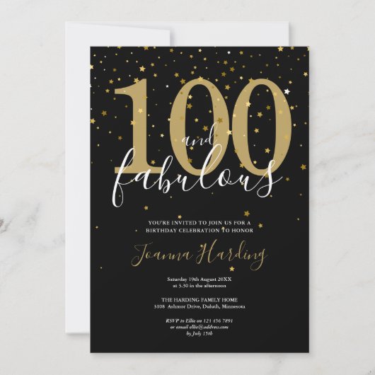 100 en Fabulous Elegante Gouden en Zwarte Verjaard Kaart (Voorkant)