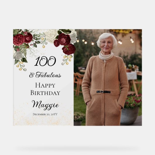 100 en Fabulous Glam Roos Bloemen Verjaardagsfeest Acryl Bord (Voorkant)