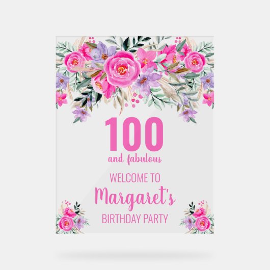 100 en fantastische roze bloemenwelkom acryl bord (Voorkant)