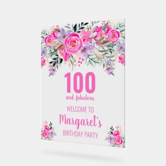 100 en fantastische roze bloemenwelkom acryl bord (Hoek)