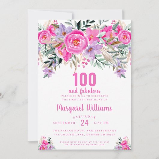 100 en geweldig paars roze 100e verjaardag kaart (Voorkant)
