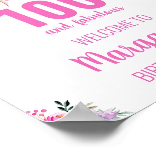 100 en geweldig roze elegante verjaardagsfeestje poster (Hoek)