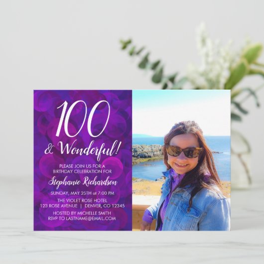100 en Wonderful Elegant Paars Photo Birthday Kaart (Staand voorkant)