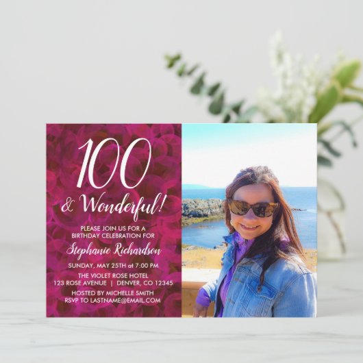 100 en Wonderful Red Rose Photo Birthday Party Kaart (Staand voorkant)