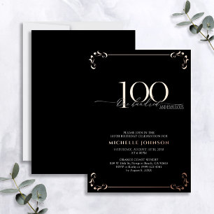 100 & Fabulous Black Roos Gold Calligraphy Birthda Folie Uitnodiging