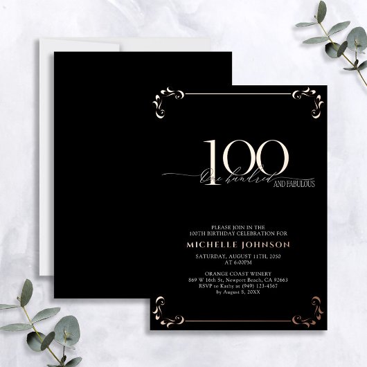 100 & Fabulous Black Roos Gold Calligraphy Birthda Folie Uitnodiging