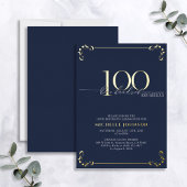 100 & Fabulous Blue & Gold Calligraphy Birthday Folie Uitnodiging