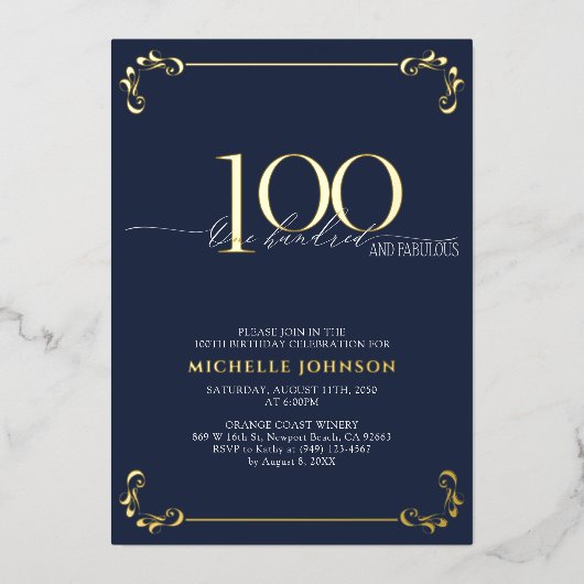 100 & Fabulous Blue & Gold Calligraphy Birthday Folie Uitnodiging (Voorkant)