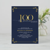 100 & Fabulous Blue & Gold Calligraphy Birthday Folie Uitnodiging (Staand Voorkant)