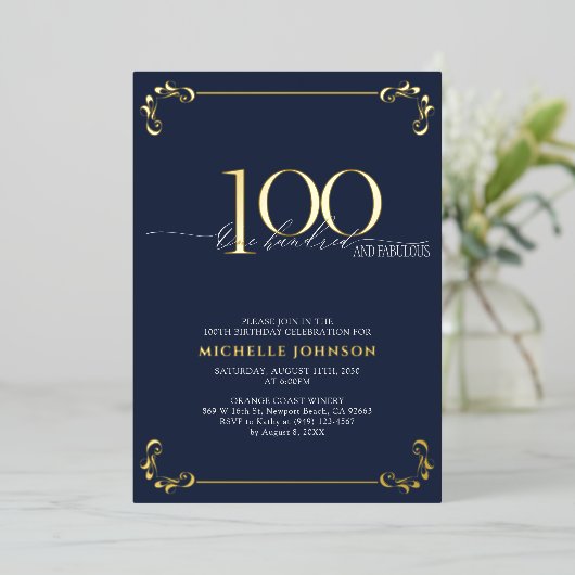 100 & Fabulous Blue & Gold Calligraphy Birthday Folie Uitnodiging (Staand Voorkant)