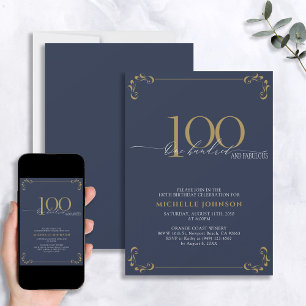 100 & Fabulous Blue & Gold Calligraphy Birthday Kaart