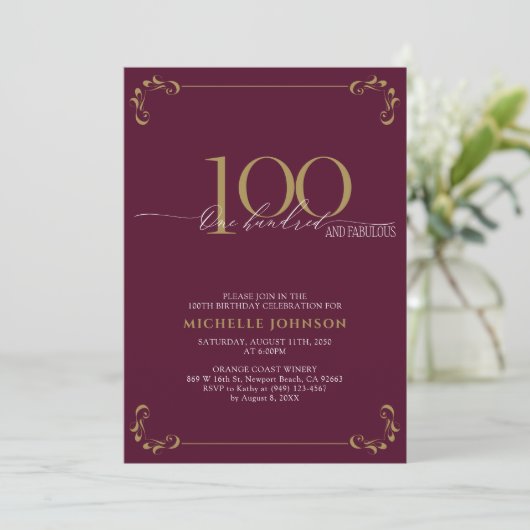 100 & Fabulous Burgundy White en Gold Birthday Kaart (Staand voorkant)