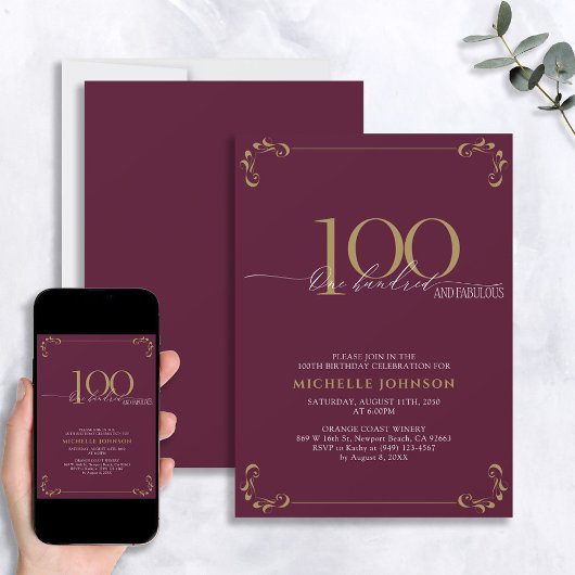 100 & Fabulous Burgundy White en Gold Birthday Kaart