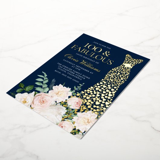 100 & Fabulous Marine & Goud 100e Verjaardag Folie Uitnodiging (Gedraaid)