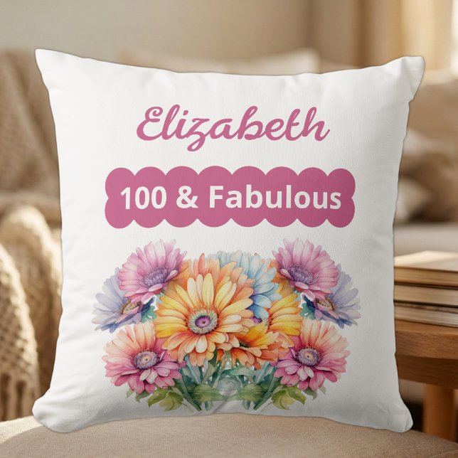 100 & fabulous naam gerbera bloemen blauw kussen (Creator heeft geüpload)