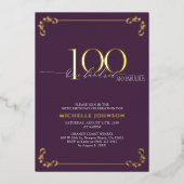 100 & Fabulous Paars & Gold Calligraphy Birthday Folie Uitnodiging (Voorkant)