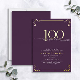 100 & Fabulous Paars & Gold Calligraphy Birthday Folie Uitnodiging