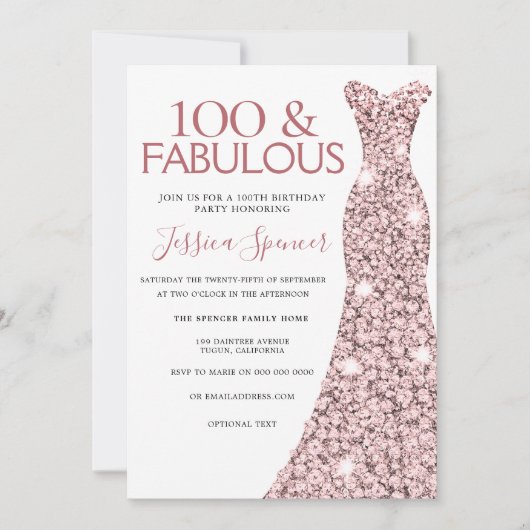 100 Fabulous Roos Gold Dress 100th Birthday Party Kaart (Voorkant)