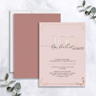 100 & Fabulous Roze Rose Goud Calligrafie Verjaard Folie Uitnodiging