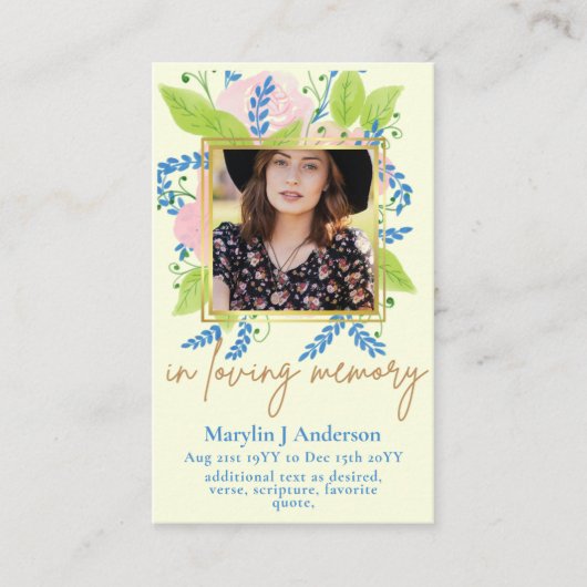 100  Floral Prayer Funeral Memorial PHOTO Visitekaartje (Voorkant)