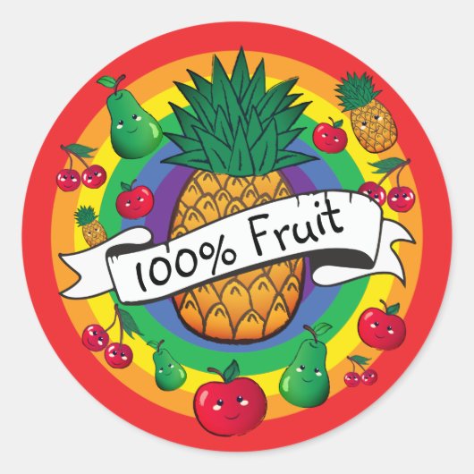 "100% fruit" regenboogkleurige kawaï-vruchten ronde sticker (Voorkant)