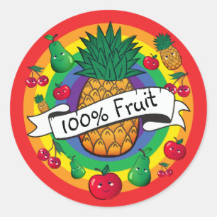 "100% fruit" regenboogkleurige kawaï-vruchten ronde sticker