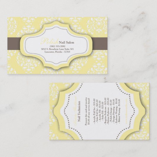 100 Gele Damask Nail-technicus Visitekaartje (Voorkant / Achterkant)