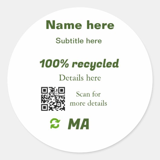 100% gerecycleerd voeg hier Q R-code toe bedrijfsn Ronde Sticker (Voorkant)