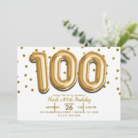 100 gouden ballonnen en Confetti 100e verjaardagsf Kaart (Staand voorkant)