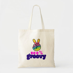 100% Groovy Rainbow Hand Peace Sign Tote Bag