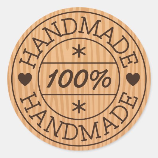 100% handgemaakte of productnaam, stempel op hout ronde sticker (Voorkant)