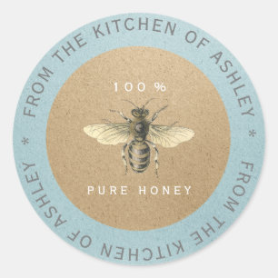 100%Homemade Honey Kitchen Kraft Bee Grey Blue Ronde Sticker