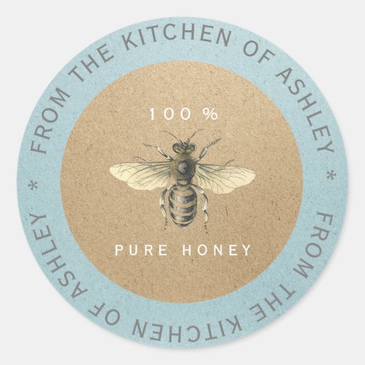 100%Homemade Honey Kitchen Kraft Bee Grey Blue Ronde Sticker (Voorkant)