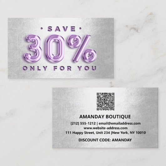 100 INSERT QRCODE 30%OFF Logo PurpleSilver Balloon Visitekaartje (Voorkant / Achterkant)