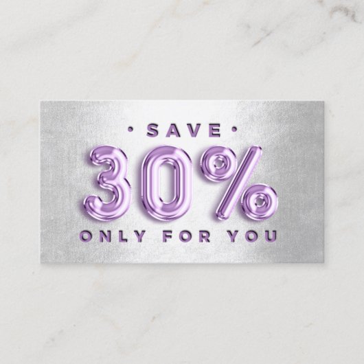 100 INSERT QRCODE 30%OFF Logo PurpleSilver Balloon Visitekaartje (Voorkant)