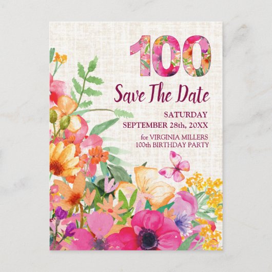 100 Jaar Bloemen Bloemlinnen 100ste Verjaardag Aankondigingskaart (Voorkant)