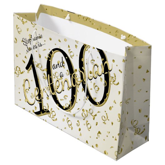 100 JARIG - Zwarte/Gold-tekst Groot Cadeauzakje (Achterkant Gekanteld)