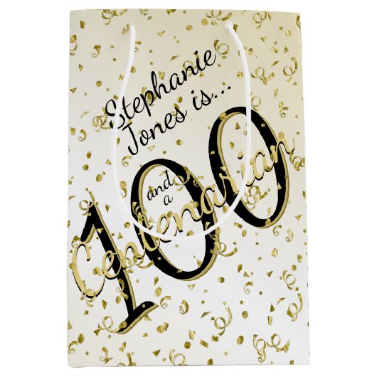 100 JARIG - Zwarte/Gold-tekst Medium Cadeauzakje (Voorkant)