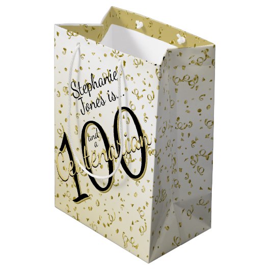 100 JARIG - Zwarte/Gold-tekst Medium Cadeauzakje (Achterkant Gekanteld)