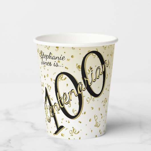 100 JARIG - Zwarte/Gold-tekst Papieren Bekers (Achterkant)
