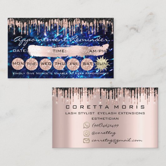 100 Lashes Appointment Reminder Roos Navy Drips Visitekaartje (Voorkant / Achterkant)