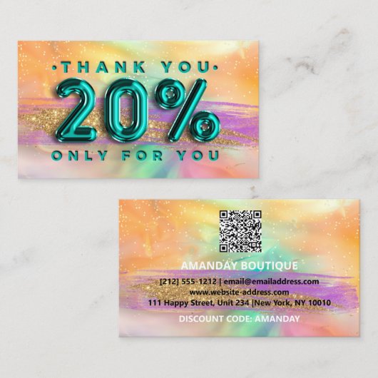 100 Logo QRCODE 20%OFF Code Blauwgroen Holographic Visitekaartje (Voorkant / Achterkant)