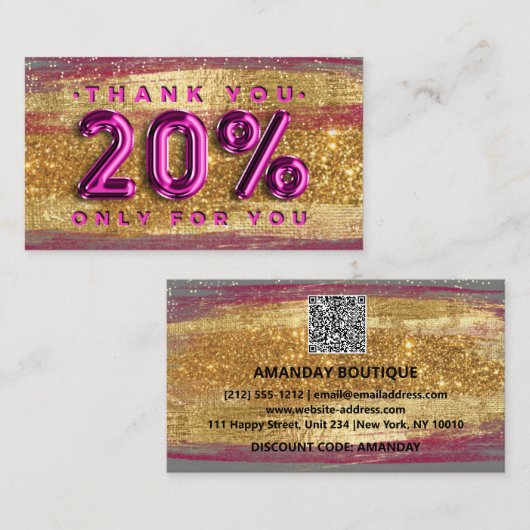 100 Logo QRCODE 20%OFF Code Goud Glitter Roze Visitekaartje (Voorkant / Achterkant)