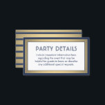 100 Pack Details Behuizing Marine Blauw, Wit & Gou Visitekaartje<br><div class="desc">Complimenteer marineblauw en gouden feestuitnodigingen en geef belangrijke informatie aan gasten met elegante bijpassende bijsluiterkaarten. Alle bewoordingen van deze sjabloon zijn eenvoudig aan te passen voor elke gelegenheid. Deze kaart bevat de feestelijke details van uw keuze, zoals routebeschrijving, website, speciale verzoeken, accommodaties, receptie, rsvp, enz. Het ontwerp is voorzien van...</div>