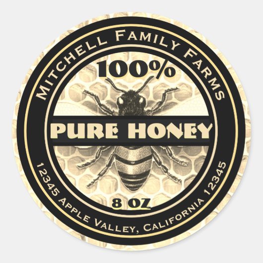 100% Pure Honing Bijenetiket Ronde Sticker (Voorkant)