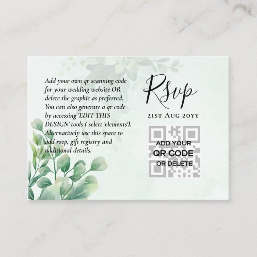 100 QR CODE WEDDING RSVP Greenery PHOTO Enclosure Visitekaartje (Voorkant)