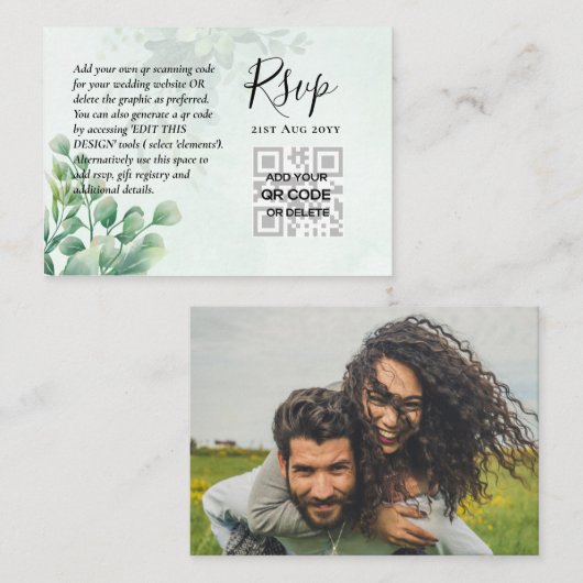 100 QR CODE WEDDING RSVP Greenery PHOTO Enclosure Visitekaartje (Voorkant / Achterkant)